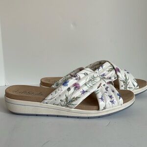 Lifestride Panama cushioned foot bed floral print faux leather slide sandals